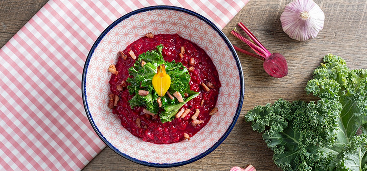 Randenrisotto mit Federkohl, Baumnüssen und Speck