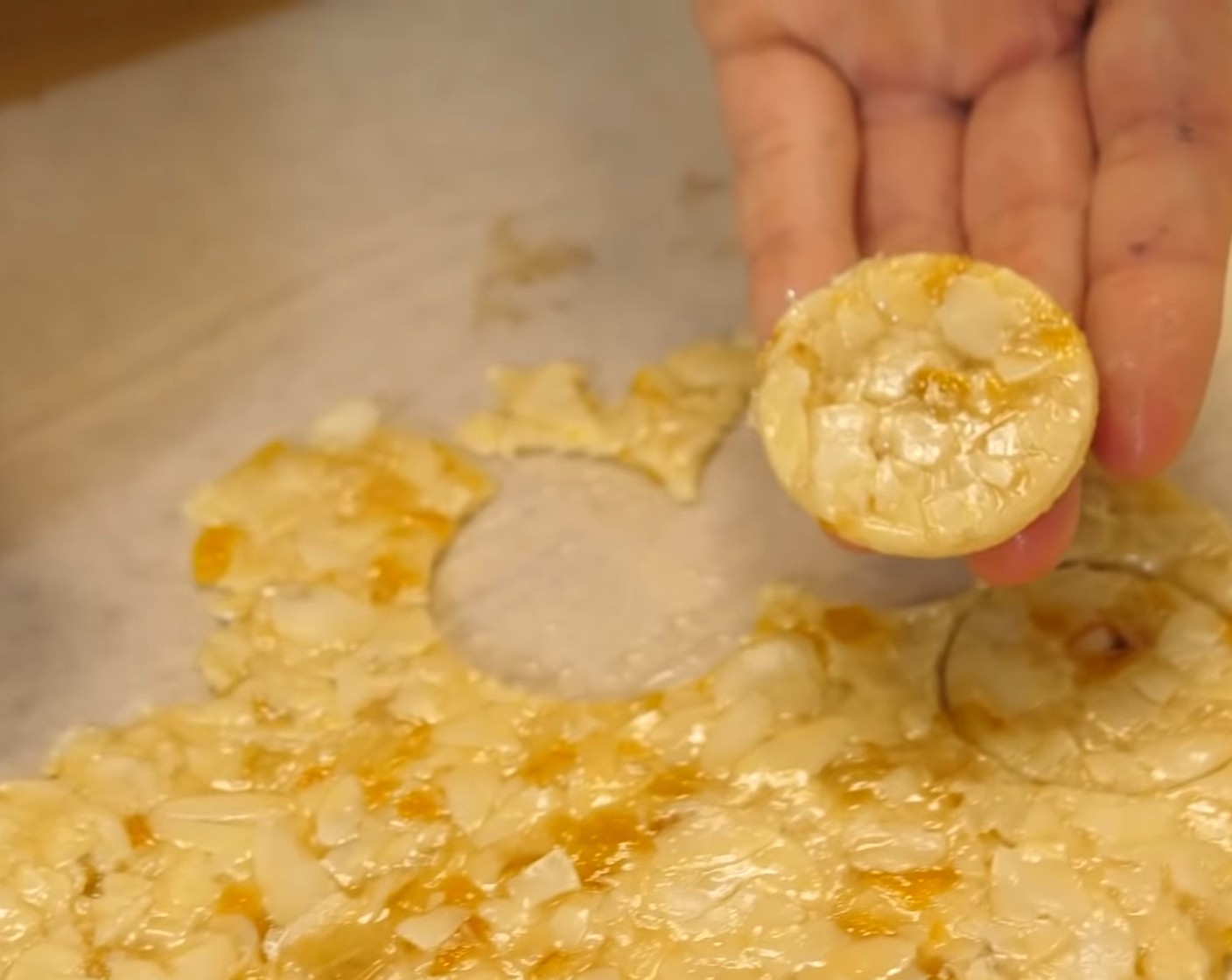 Schritt 6 Einen Kreis-Ausstecher in Sonnenblumenöl (nach Bedarf) tunken und aus der Florentinermasse Kreise ausstechen.
