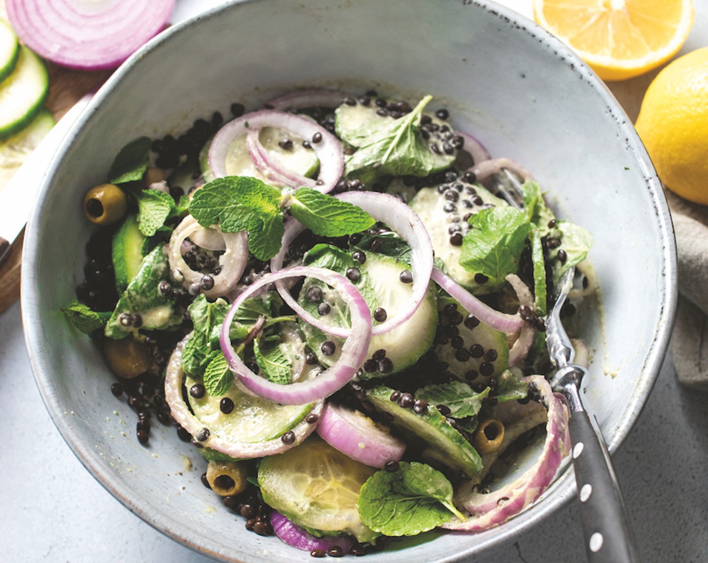 Sommer Salat (Griechischer Linsen-Salat mit Gurke, Minze und Zwiebeln)